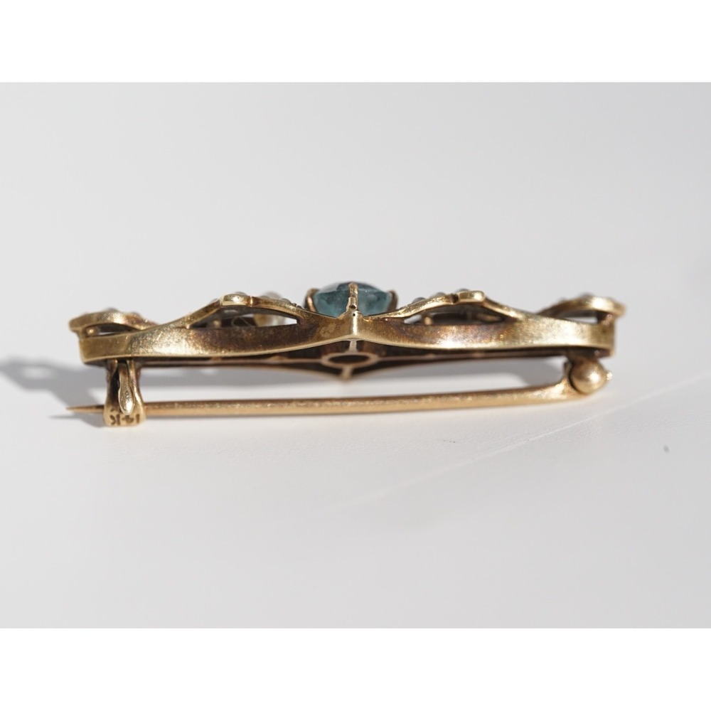 Antique Edwardian 14k Gold Aquamarine Seed Pearl Bar Brooch Art Nouveau c1905 - Picture 4 of 12